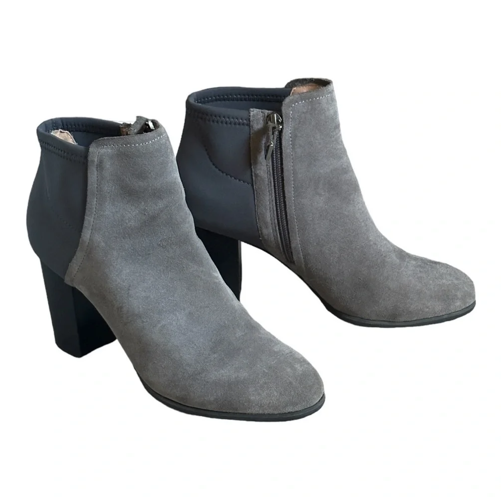 Vionic Whitney Ankle Boots 7.5 Gray Suede Neoprene Block Heel Orthotic Comfort